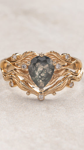 Art nouveau inspired moss agate bridal ring set with diamonds / Callisto - Eden Garden Jewelry™