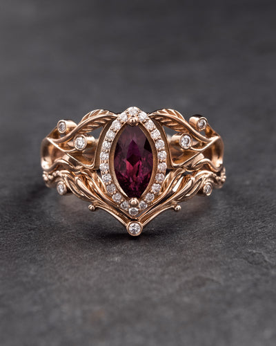 READY TO SHIP: Callisto engagement ring with pink tourmaline and diamond halo, 14K rose gold, RING SIZES: 5.5 - 8.5 US - Eden Garden Jewelry™