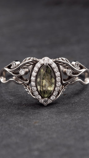 READY TO SHIP: Callisto bridal ring set with rutile peridot and diamond halo, 14K white gold, RING SIZES: 8.5 - 10 US - Eden Garden Jewelry™