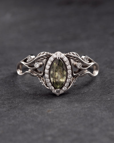 READY TO SHIP: Callisto bridal ring set with rutile peridot and diamond halo, 14K white gold, RING SIZES: 8.5 - 10 US - Eden Garden Jewelry™