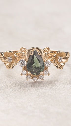 Faerie bridal ring set with green sapphire and floral design / Adelina - Eden Garden Jewelry™