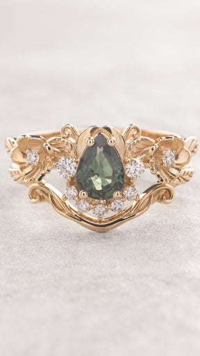 Faerie bridal ring set with green sapphire and floral design / Adelina - Eden Garden Jewelry™