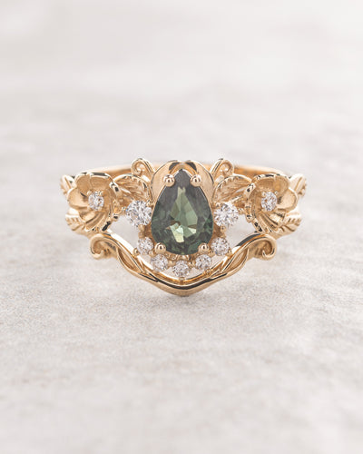 Faerie bridal ring set with green sapphire and floral design / Adelina - Eden Garden Jewelry™