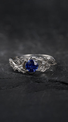 READY TO SHIP: Japanese Maple ring in 14K white gold, natural blue sapphire with accent lab diamonds, 5mm, RING SIZE 5.5 - 8.5 US - Eden Garden Jewelry™