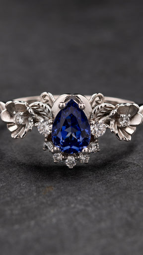 READY TO SHIP: Adelina engagement ring with lab sapphire and diamonds, 14K white gold, RING SIZES: 5.5 - 8.5 US - Eden Garden Jewelry™