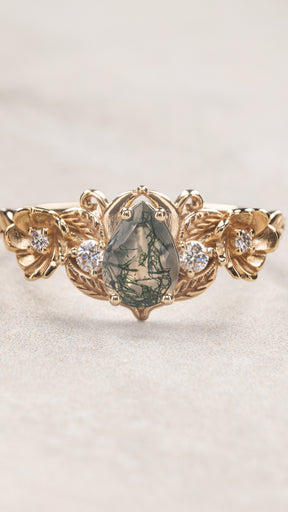 READY TO SHIP: Adelina floral engagement ring with moss agate and diamonds, 14K yellow gold, RING SIZES: 5.5 - 8.5 US - Eden Garden Jewelry™