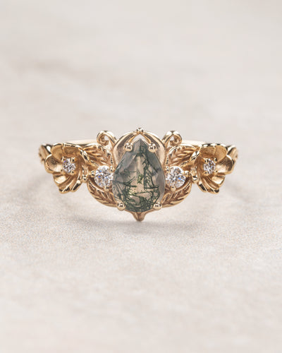 READY TO SHIP: Adelina floral engagement ring with moss agate and diamonds, 14K yellow gold, RING SIZES: 5.5 - 8.5 US - Eden Garden Jewelry™