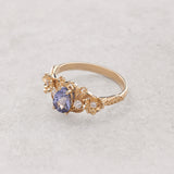 Purple sapphire engagement ring with diamonds, gold flower style gold proposal ring / Adelina