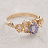 Purple sapphire engagement ring with diamonds, gold flower style gold proposal ring / Adelina