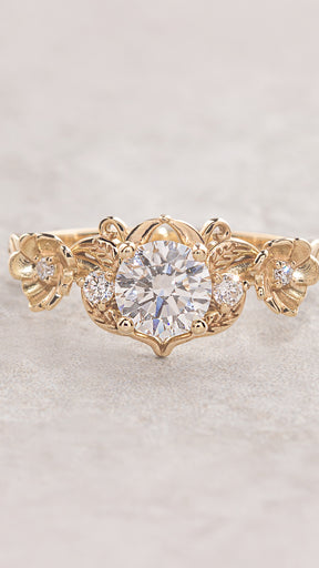 READY TO SHIP: Adelina floral engagement ring with round lab grown diamond, 14K yellow gold, RING SIZES: 5.5 - 8.5 US - Eden Garden Jewelry™