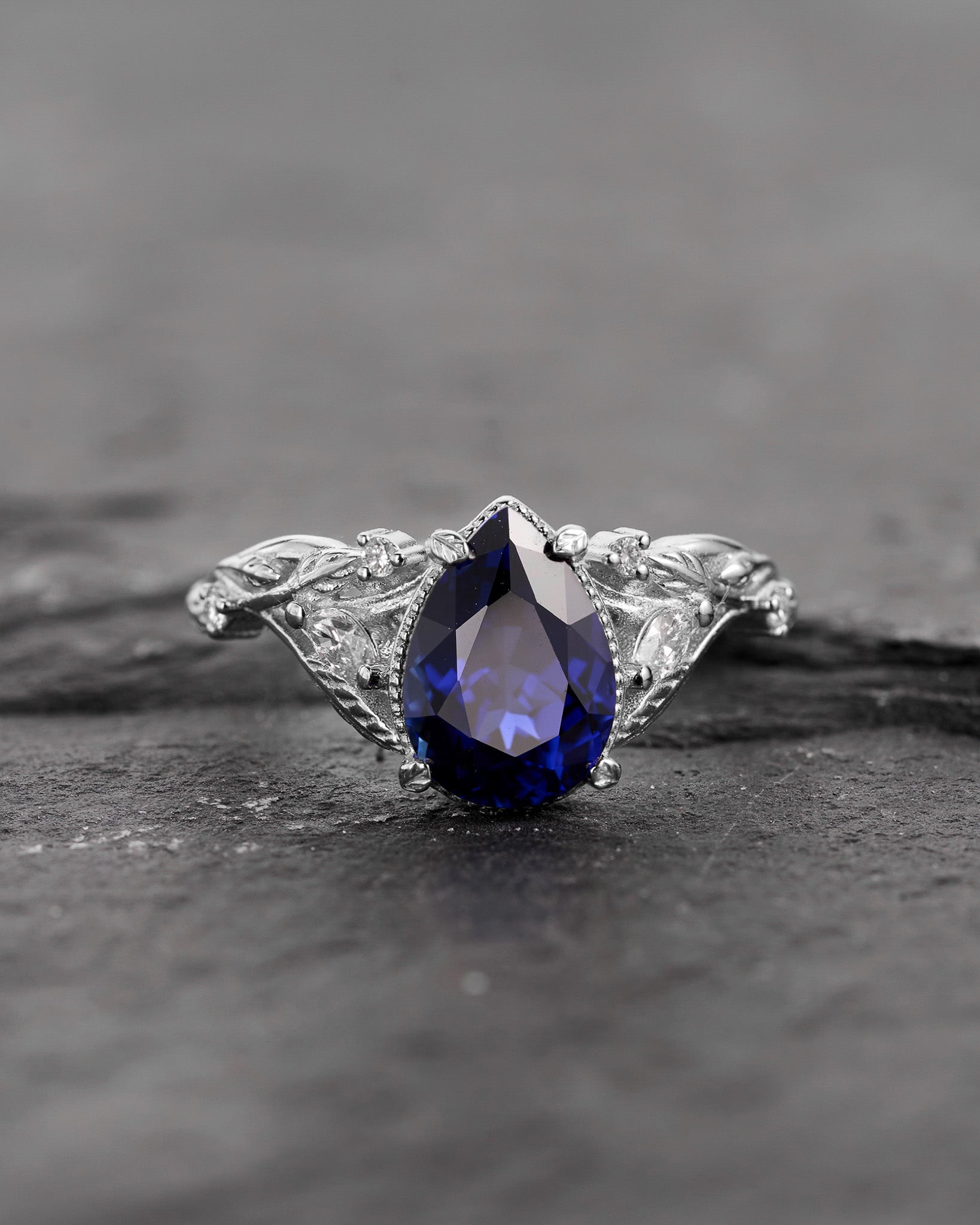 Pear sapphire twig engagement ring, royal blue lab sapphire proposal ring with diamonds / Patricia symmetric - Eden Garden Jewelry™