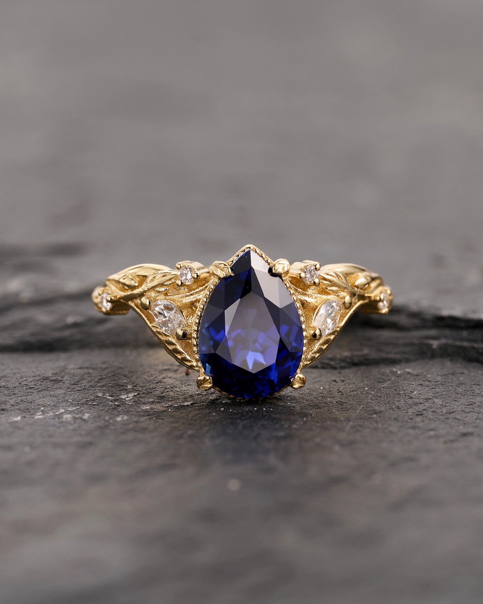 Pear sapphire twig engagement ring, royal blue lab sapphire proposal ring with diamonds / Patricia symmetric - Eden Garden Jewelry™