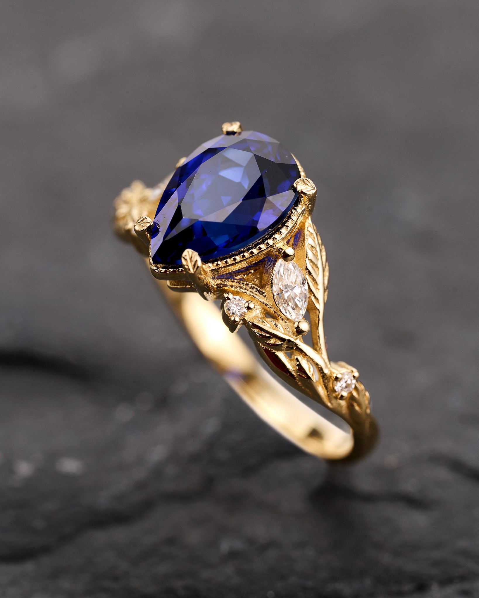Pear sapphire twig engagement ring, royal blue lab sapphire proposal ring with diamonds / Patricia symmetric - Eden Garden Jewelry™