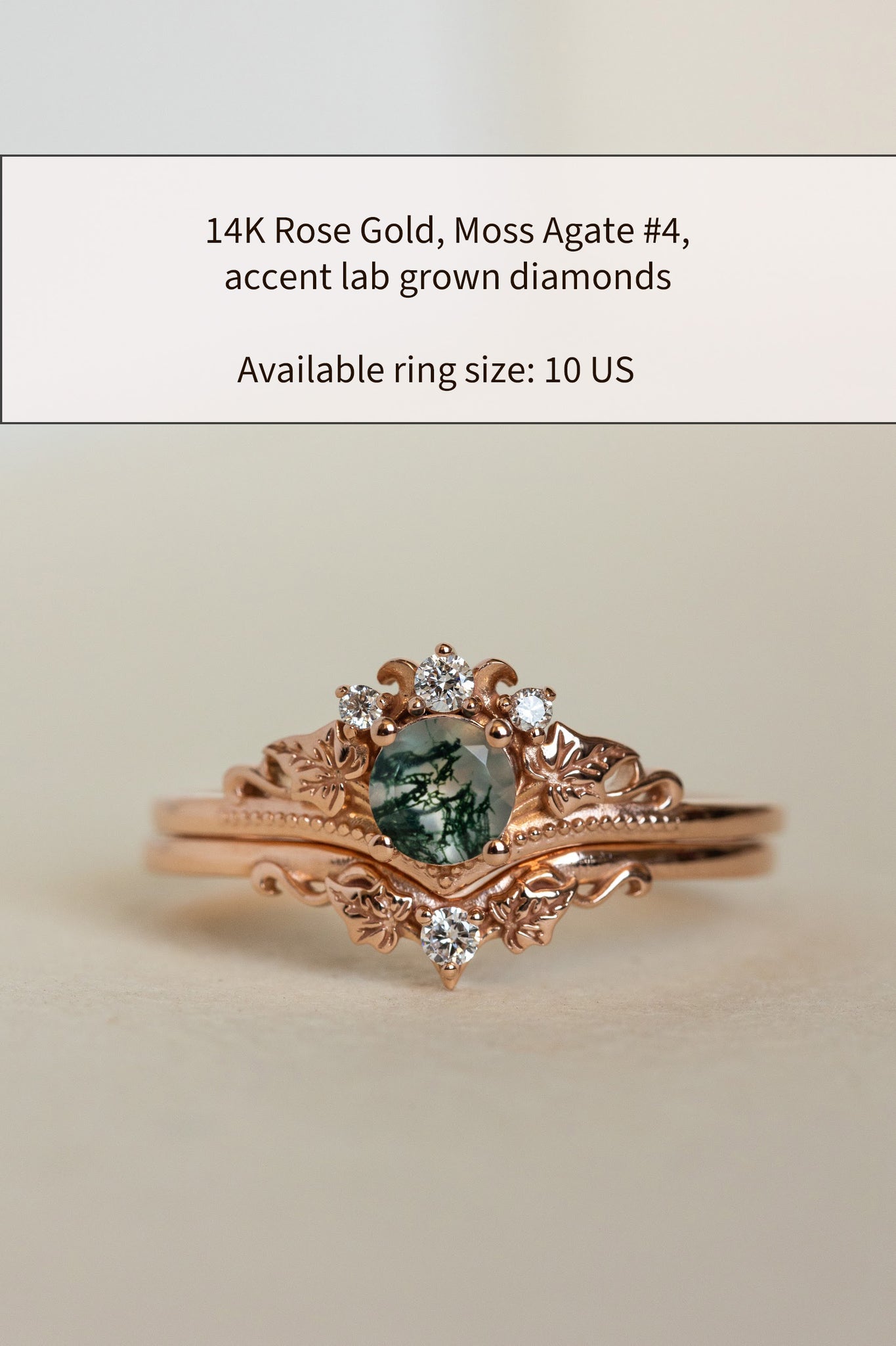 READY TO SHIP: Ariadne bridal ring set in 14K rose gold, round moss agate, accents lab grown diamonds, AVAILABLE RING SIZE: 10 US