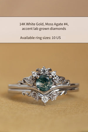 READY TO SHIP: Ariadne bridal ring set in 14K white gold, natural moss agate 5 mm, accent lab grown diamonds, AVAILABLE RING SIZES: 7 US, 10 US