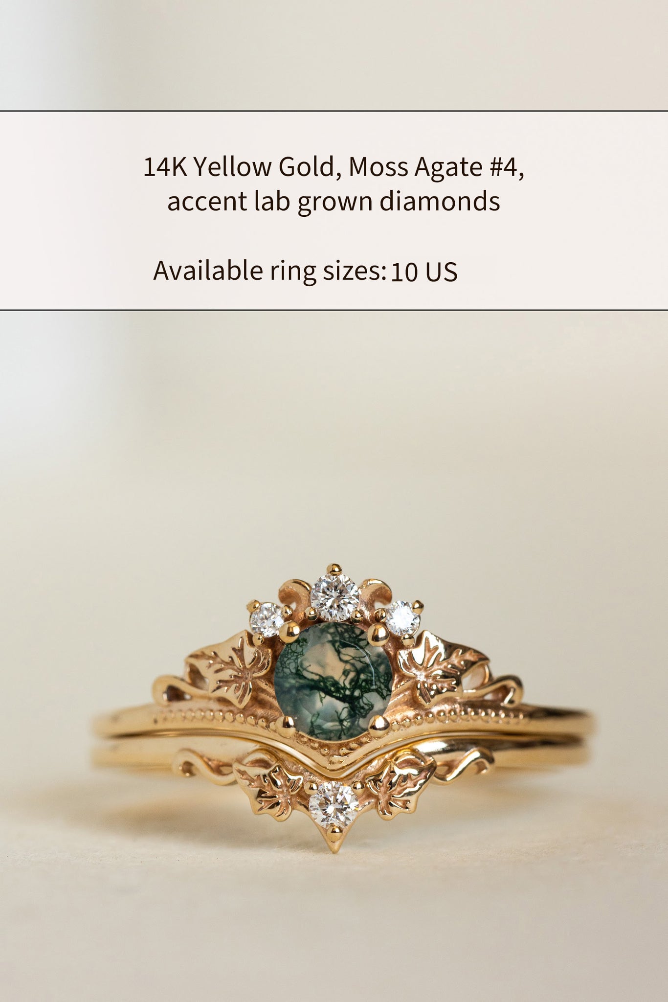 READY TO SHIP: Ariadne bridal ring set in 14K or 18K yellow gold, round moss agate, accents lab grown diamonds, AVAILABLE RING SIZES: 6 US, 7 US, 10 US