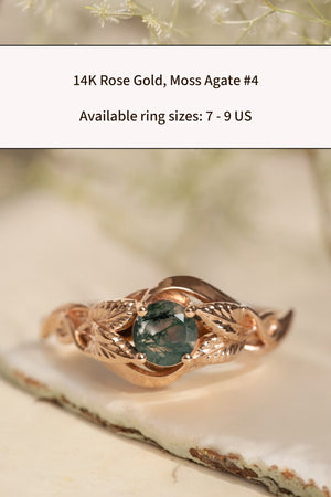 READY TO SHIP: Azalea ring in 14K rose gold, natural moss agate round cut 5 mm, AVAILABLE RING SIZES: 3.75 -9 US