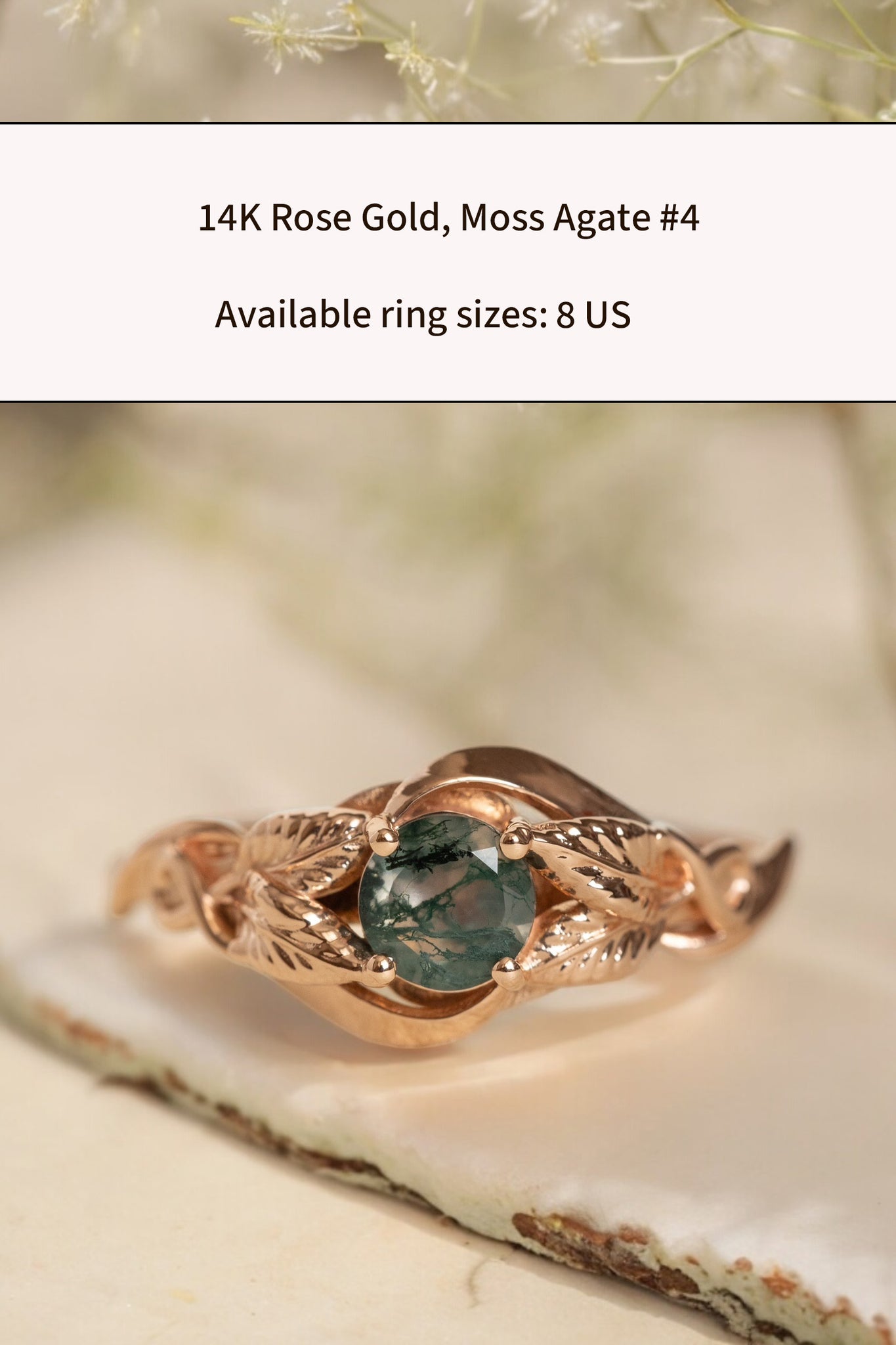 READY TO SHIP: Azalea ring in 14K rose gold, natural moss agate round cut 5 mm, AVAILABLE RING SIZES: 4.75US, 5US, 8US