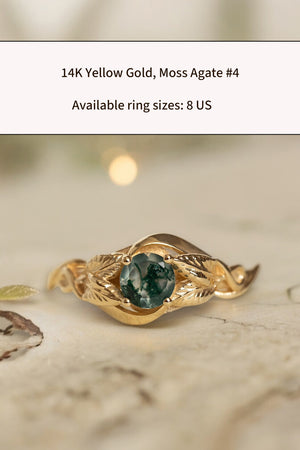 READY TO SHIP: Azalea ring in 14K yellow gold, natural moss agate round cut 5 mm, AVAILABLE RING SIZES: 5 US, 8 US