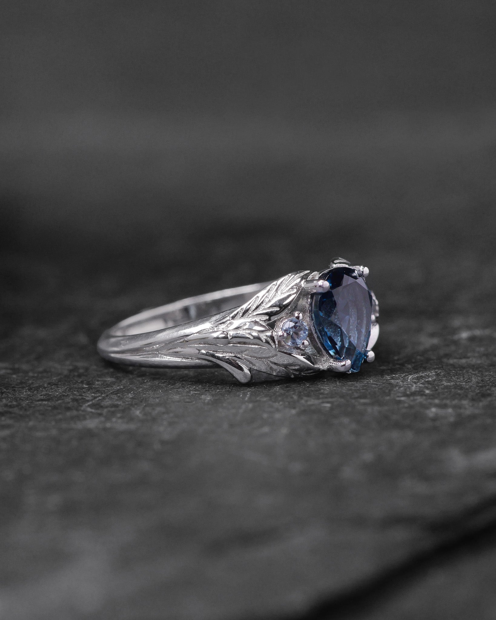 READY TO SHIP: Wisteria in 14K white gold, pear-cut topaz 8x6mm, accent aquamarines, AVAILABLE RING SIZES: 5.5 - 8.5 US - Eden Garden Jewelry™