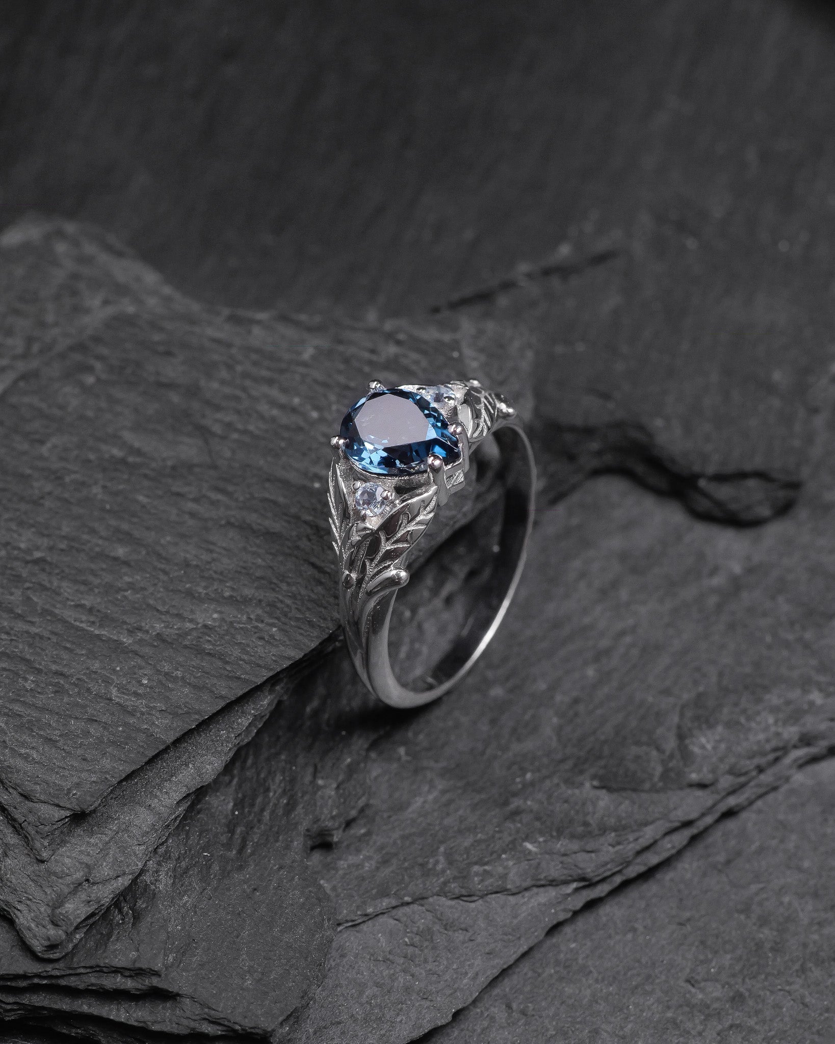 READY TO SHIP: Wisteria in 14K white gold, pear-cut topaz 8x6mm, accent aquamarines, AVAILABLE RING SIZES: 5.5 - 8.5 US - Eden Garden Jewelry™