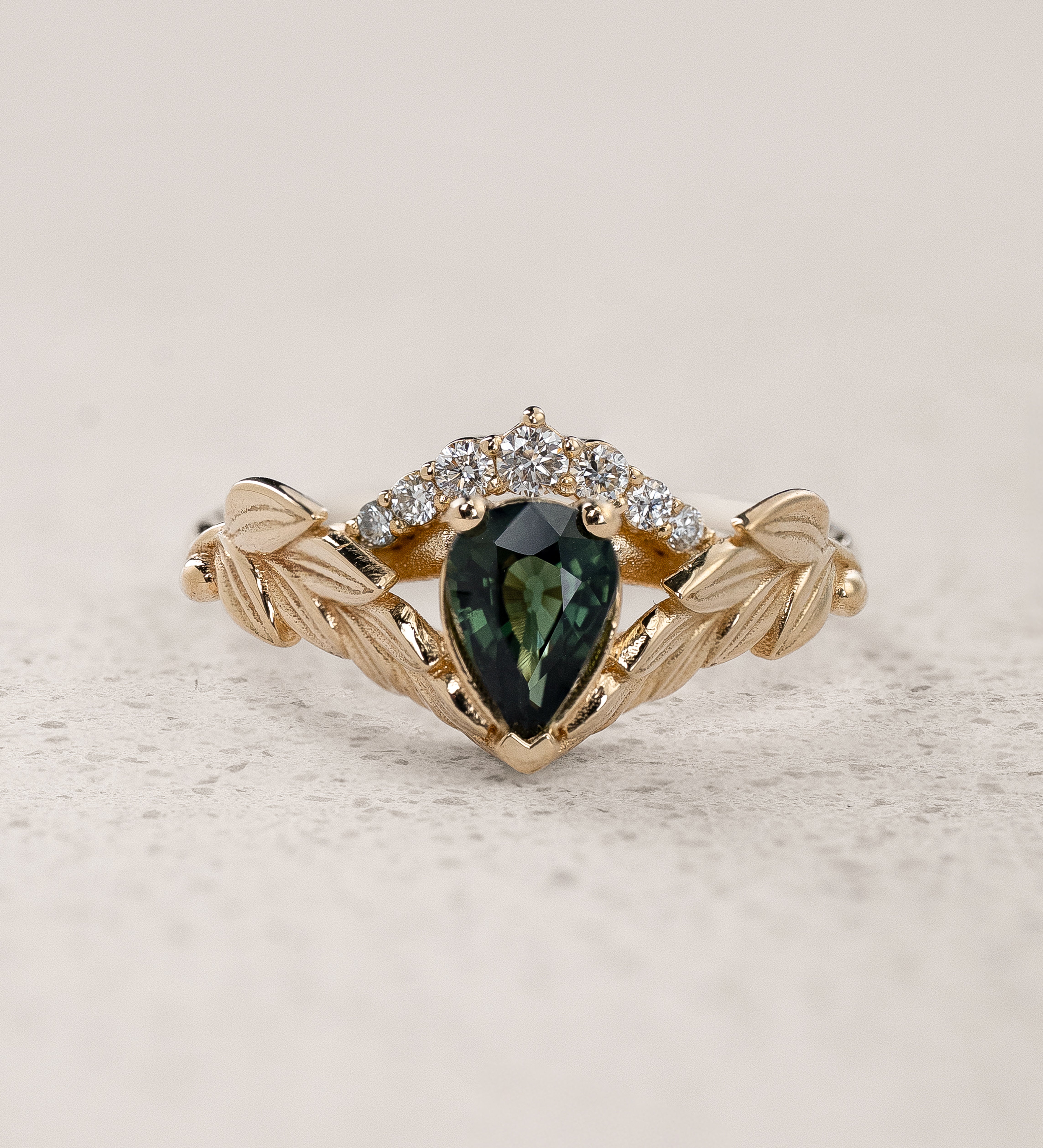 [published as a set] READY TO SHIP: Palmira Crown engagement ring with green sapphire and diamonds, 14K yellow gold, AVAILABLE RING SIZES: 5.5 - 8.5 US - Eden Garden Jewelry™