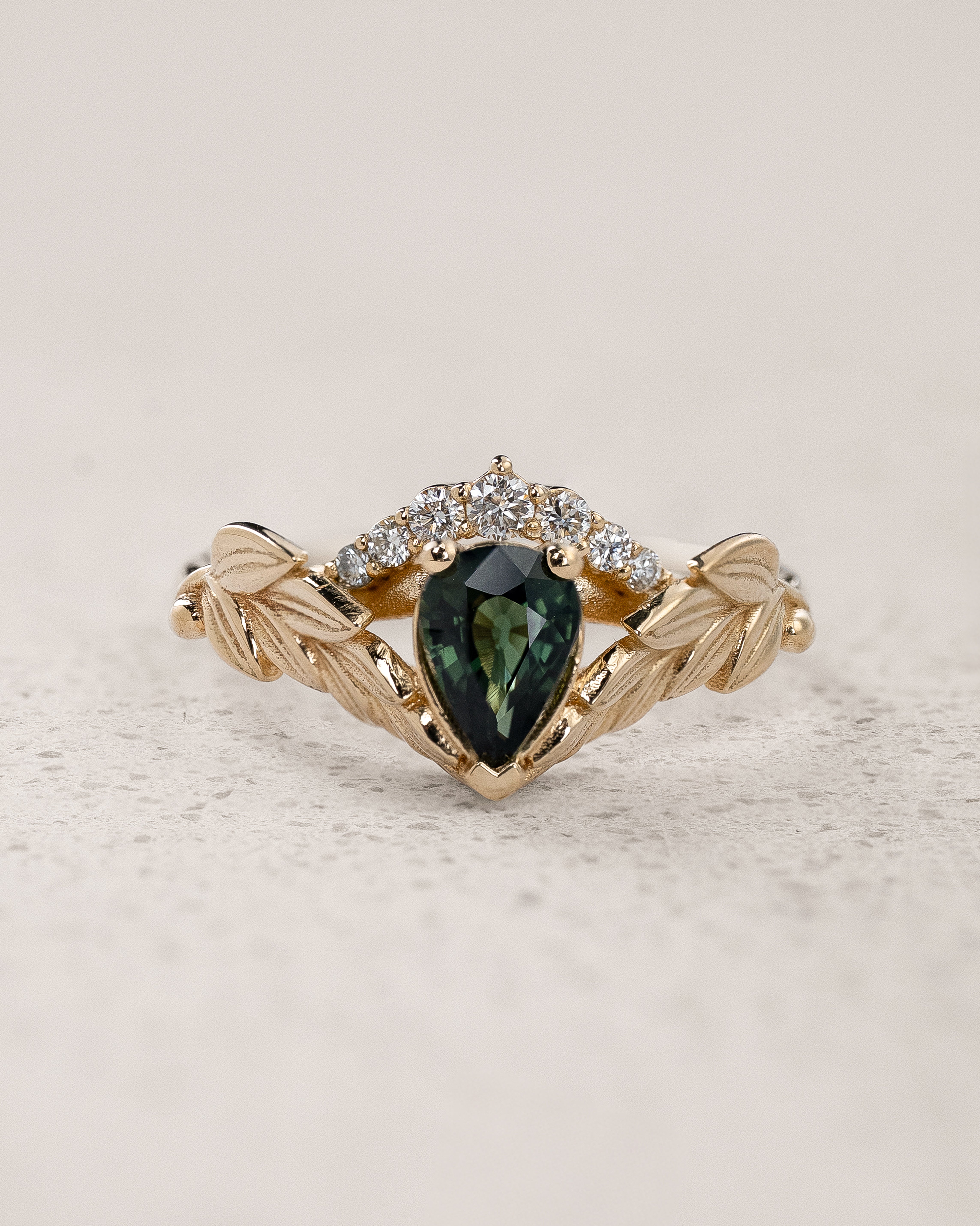 [published as a set] READY TO SHIP: Palmira Crown engagement ring with green sapphire and diamonds, 14K yellow gold, AVAILABLE RING SIZES: 5.5 - 8.5 US - Eden Garden Jewelry™