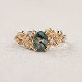 Moss agate engagement ring, gold oak leaves and diamonds proposal ring / Silviya - Eden Garden Jewelry™