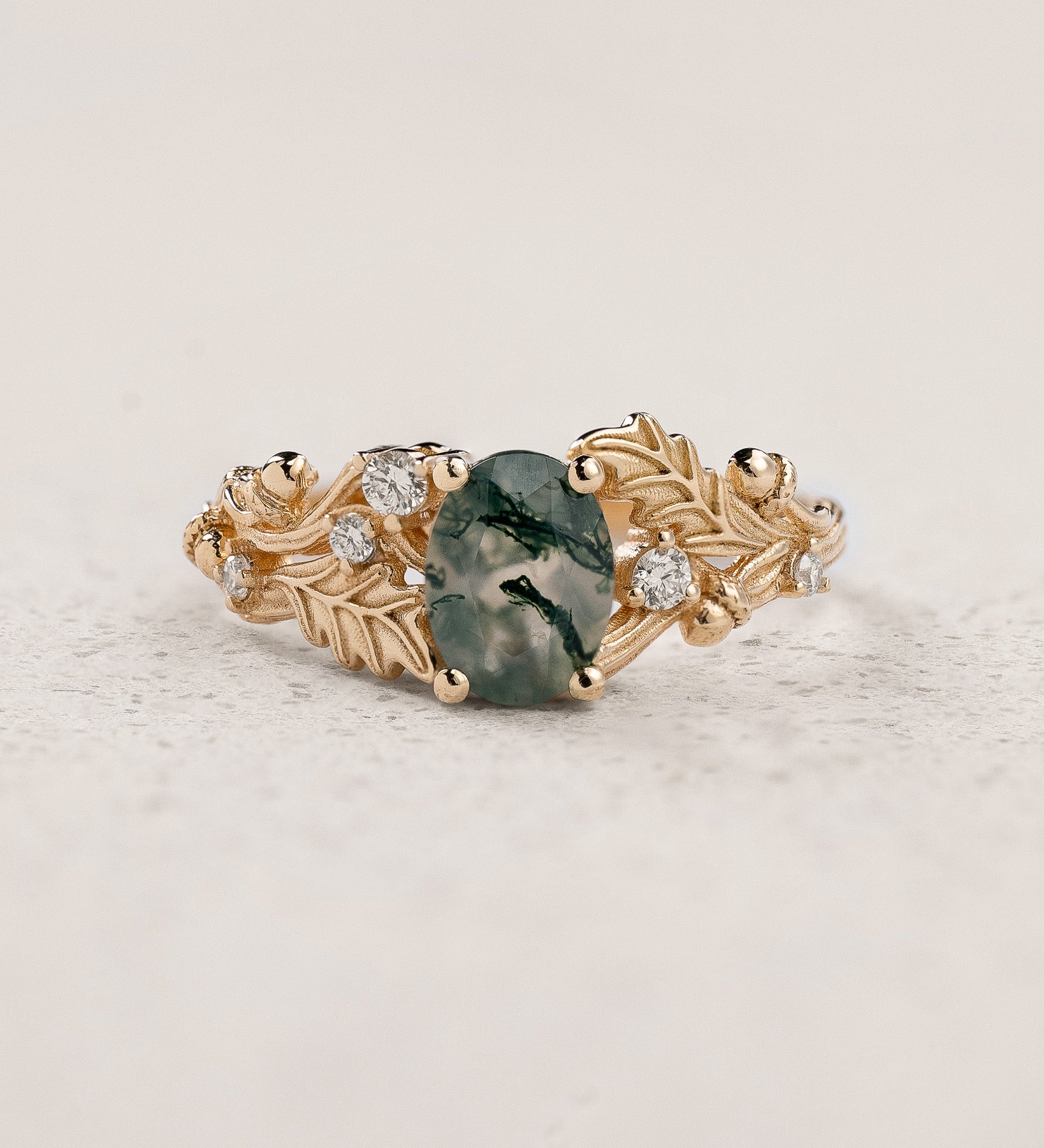 Moss agate engagement ring, gold oak leaves and diamonds proposal ring / Silviya - Eden Garden Jewelry™