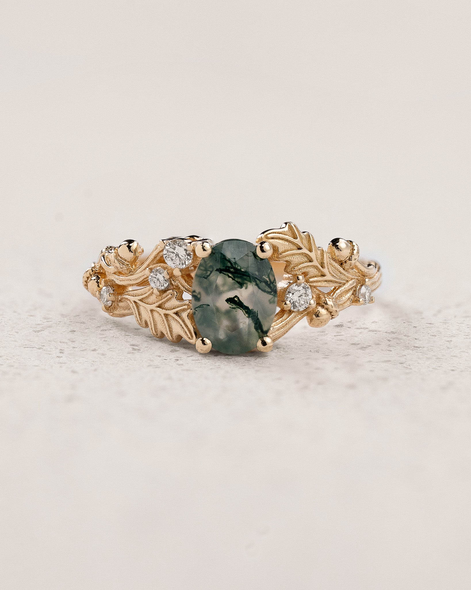 Moss agate engagement ring, gold oak leaves and diamonds proposal ring / Silviya - Eden Garden Jewelry™