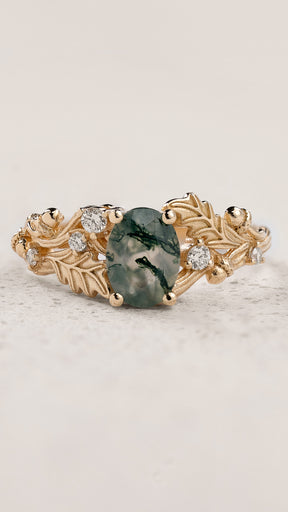 Moss agate engagement ring, gold oak leaves and diamonds proposal ring / Silviya - Eden Garden Jewelry™