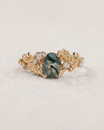 Moss agate engagement ring, gold oak leaves and diamonds proposal ring / Silviya - Eden Garden Jewelry™