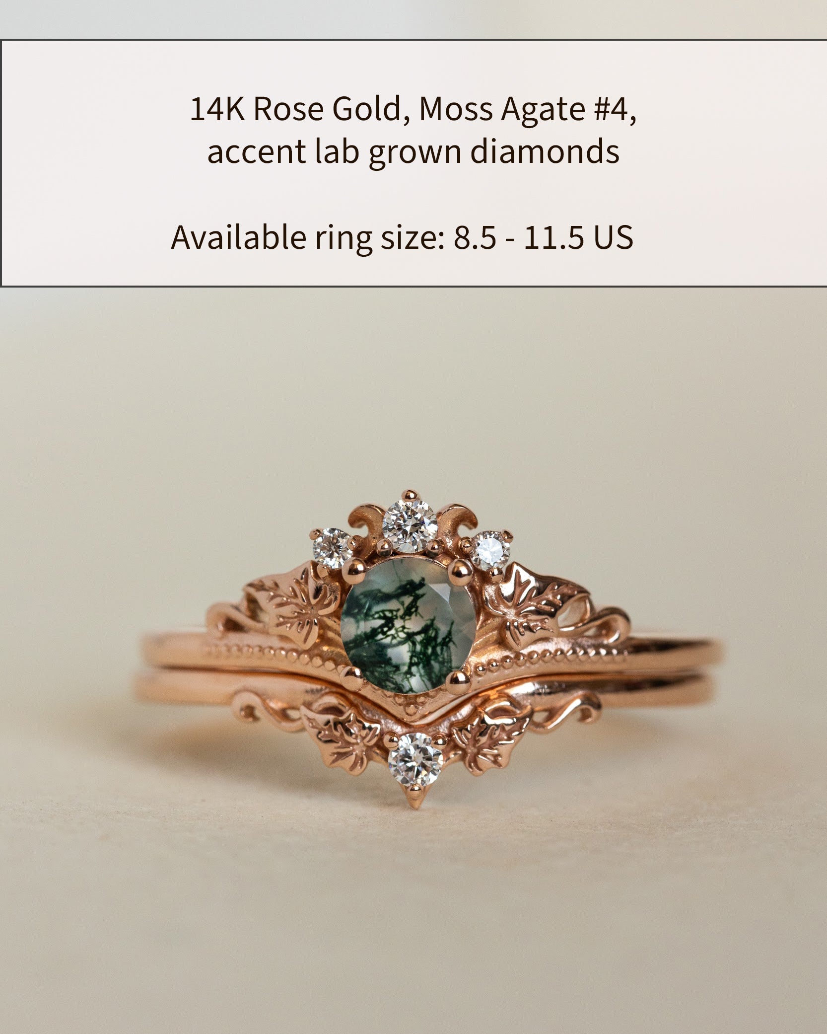 READY TO SHIP: Ariadne bridal ring set in 14K rose gold, round moss agate, accents lab grown diamonds, AVAILABLE RING SIZE: 8.5 - 11.5 US - Eden Garden Jewelry™