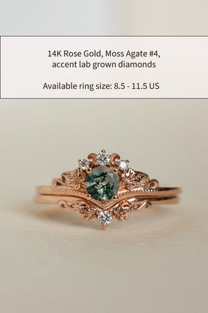 READY TO SHIP: Ariadne bridal ring set in 14K rose gold, round moss agate, accents lab grown diamonds, AVAILABLE RING SIZE: 8.5 - 11.5 US