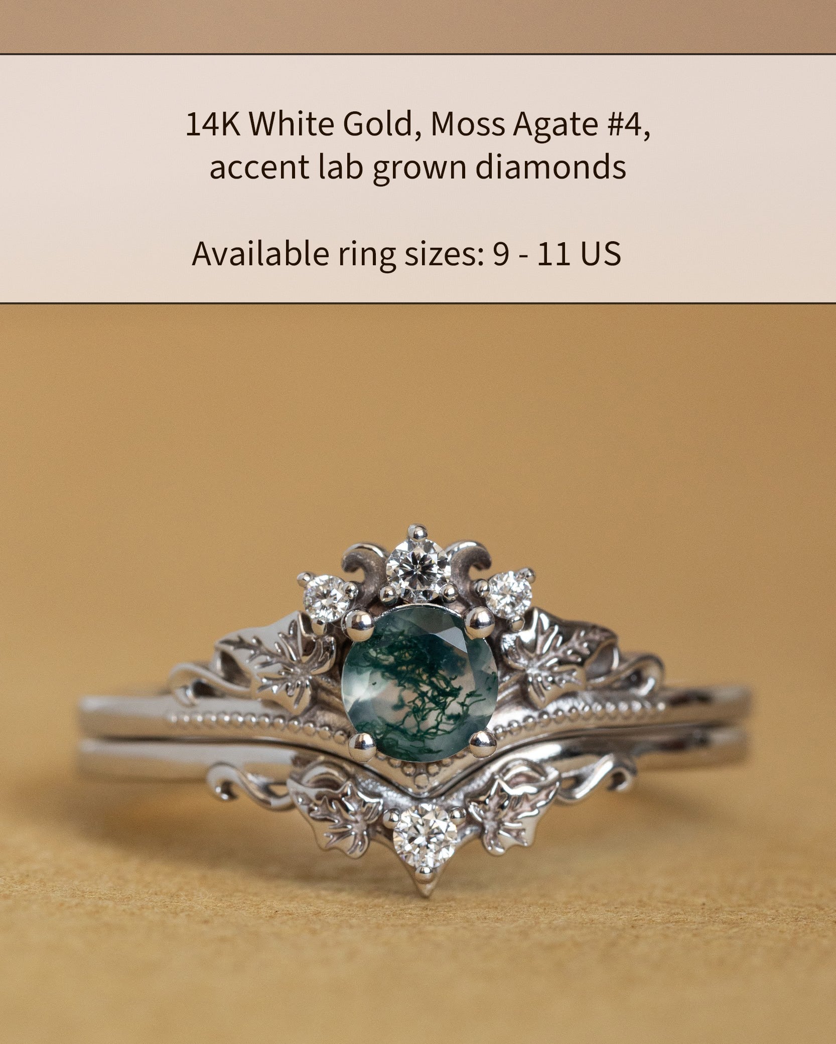 READY TO SHIP: Ariadne bridal ring set in 14K white gold, natural moss agate 5 mm, accent lab grown diamonds, AVAILABLE RING SIZES: 5.5 - 11 US - Eden Garden Jewelry™