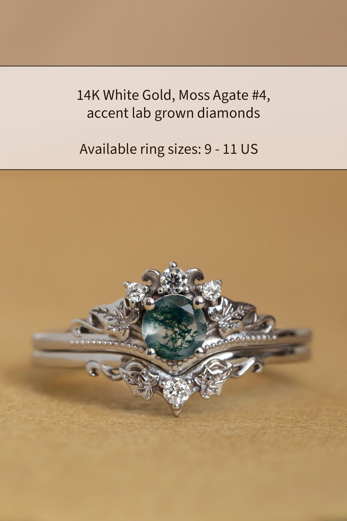 READY TO SHIP: Ariadne bridal ring set in 14K white gold, natural moss agate 5 mm, accent lab grown diamonds, AVAILABLE RING SIZES: 5.5 - 11 US