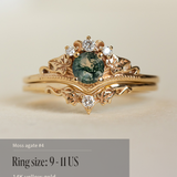 READY TO SHIP: Ariadne bridal ring set in 14K yellow gold, round moss agate, accents lab grown diamonds, AVAILABLE RING SIZES: 5.5 - 11 US