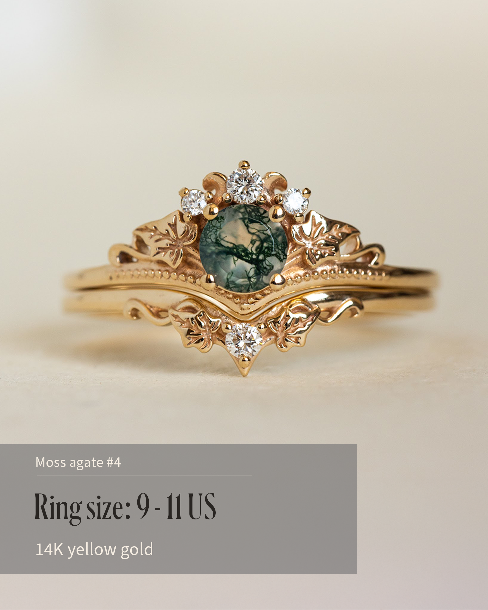 READY TO SHIP Ariadne bridal ring set in 14K yellow gold, round moss agate, accents lab grown diamonds, AVAILABLE RING SIZES: 5.5 - 11 US - Eden Garden Jewelry™