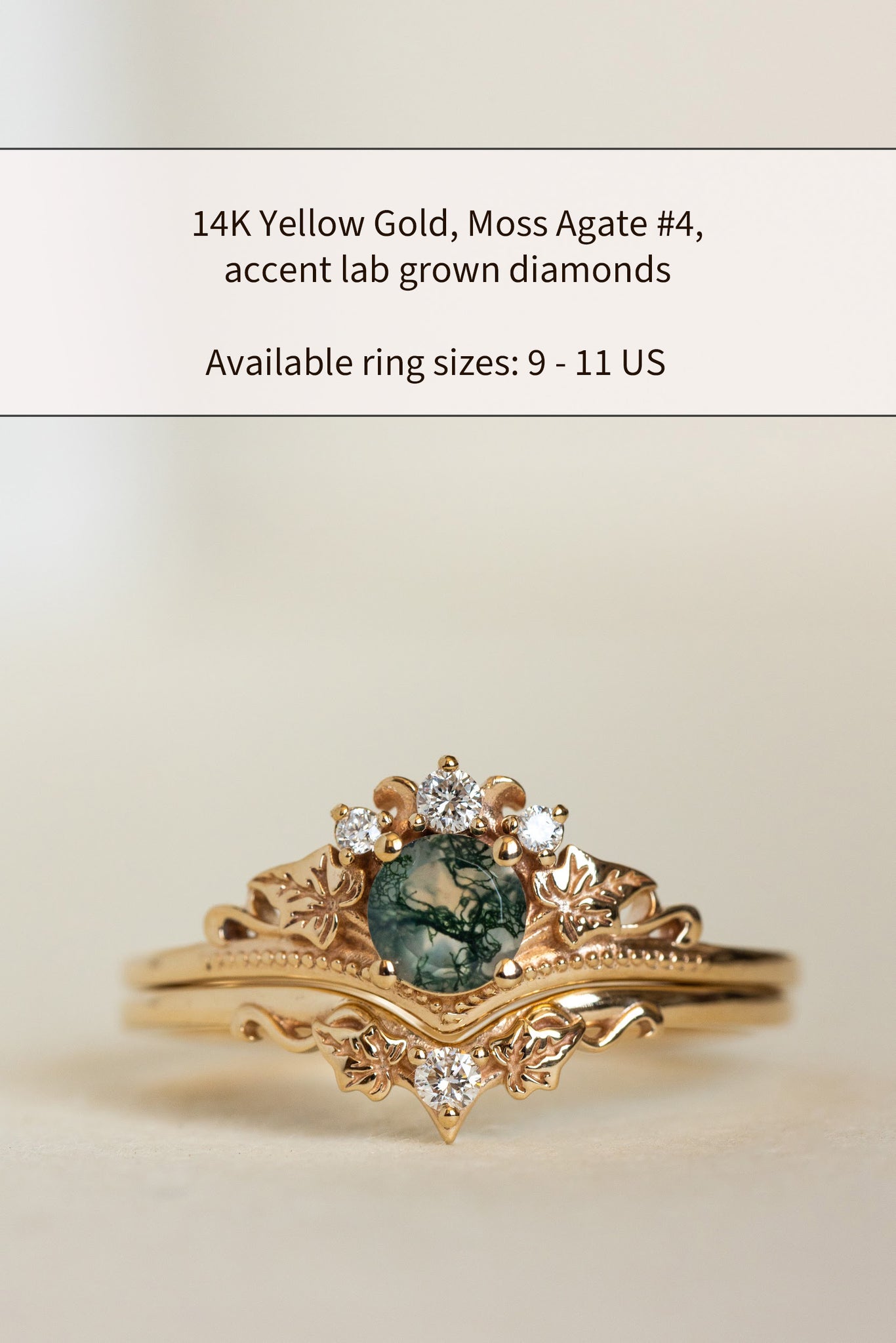 READY TO SHIP: Ariadne bridal ring set in 14K yellow gold, round moss agate, accents lab grown diamonds, AVAILABLE RING SIZES: 9 - 11 US