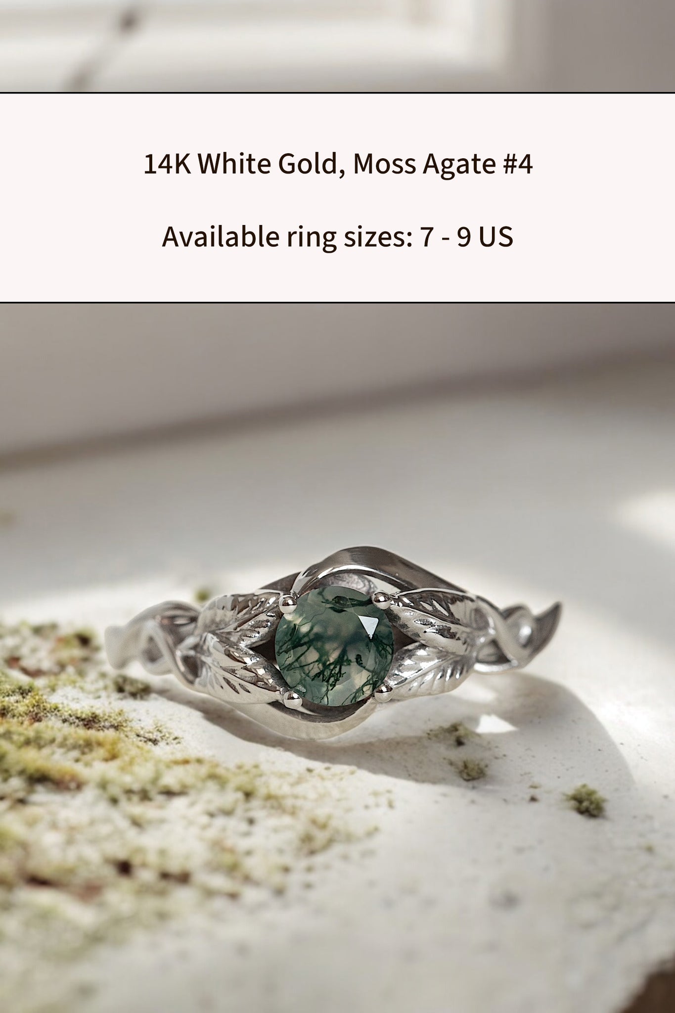 READY TO SHIP: Azalea ring in 14K white gold, natural moss agate round cut 5 mm,  AVAILABLE RING SIZES: 4-9 US