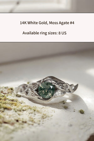 READY TO SHIP: Azalea ring in 14K white gold, natural moss agate round cut 5 mm,  AVAILABLE RING SIZES: 5 US, 8 US