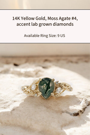 READY TO SHIP: Patricia ring in 14K or 18K yellow gold, natural moss agate pear cut 8x6 mm, accent lab grown diamonds, AVAILABLE RING SIZES: 6.5US, 9US