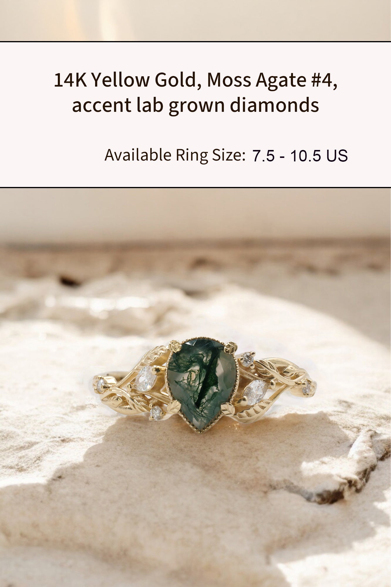 READY TO SHIP: Patricia ring in 14K or 18K yellow gold, natural moss agate pear cut 8x6 mm, accent lab grown diamonds, AVAILABLE RING SIZES: 5 - 10.5 US