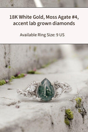 READY TO SHIP: Patricia ring in 18K white gold, natural moss agate pear cut 8x6 mm, accent lab grown diamonds, AVAILABLE RING SIZES: 6.5 US, 9 US