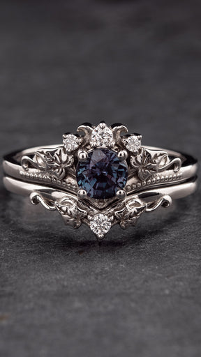 Colour changing alexandrite engagement ring set, fantasy white gold bridal ring set with diamonds  / Ariadne - Eden Garden Jewelry™