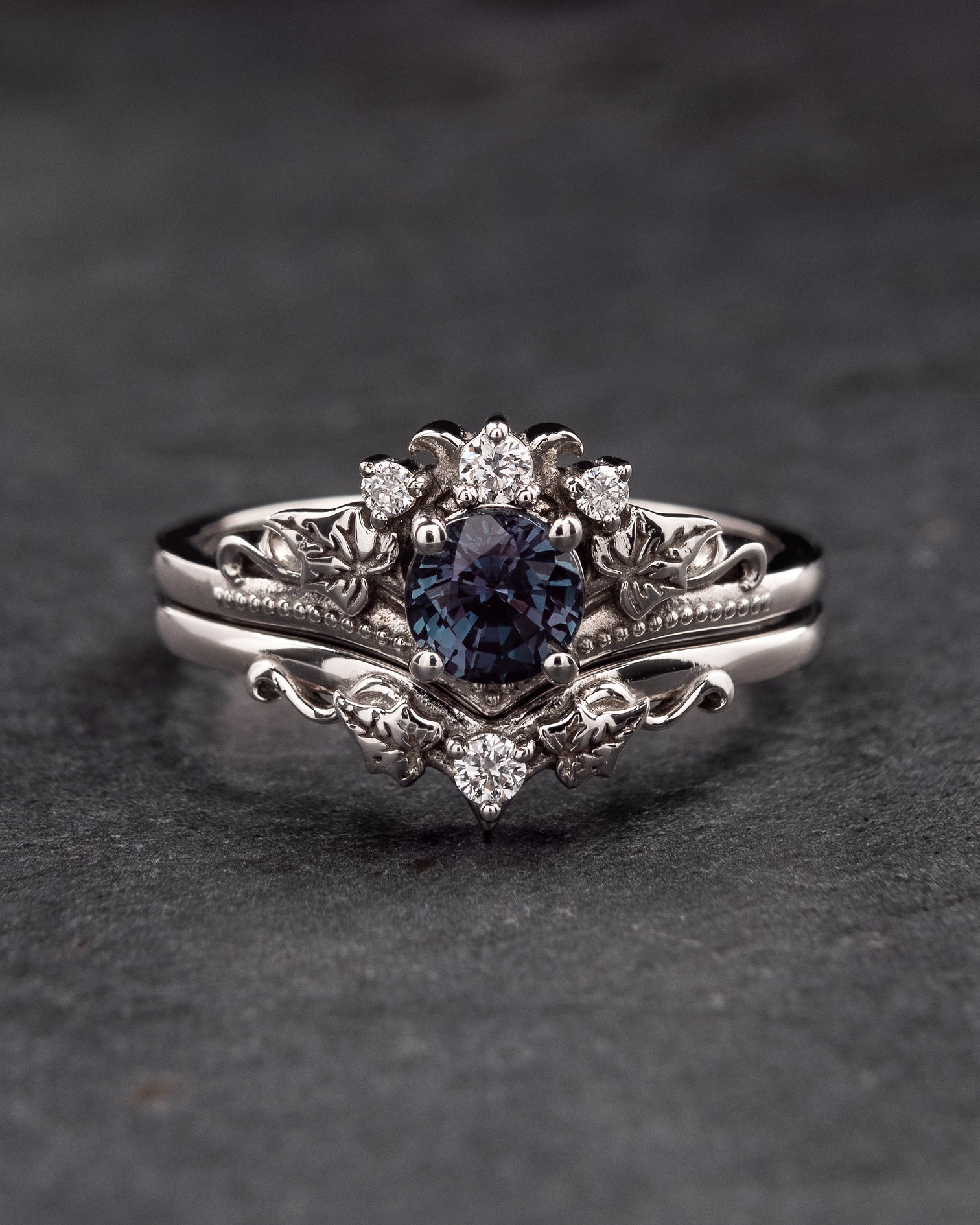 Color Changing Alexandrite Bridal Ring Set | Unique Gold Ring Set ...