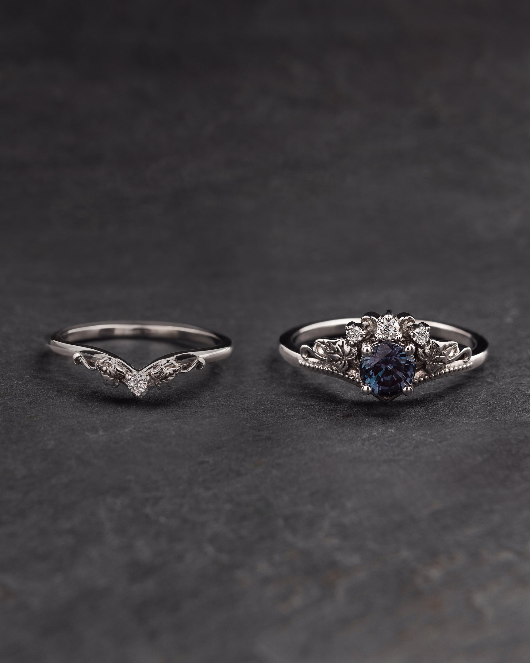 Color Changing Alexandrite Bridal Ring Set | Unique Gold Ring Set ...