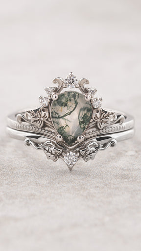Pear cut moss agate bridal ring set, gold ivy engagement ring set / Ariadne - Eden Garden Jewelry™