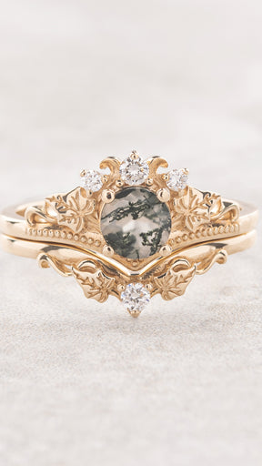 Round moss agate bridal ring set, diamond tiara rings / Ariadne - Eden Garden Jewelry™
