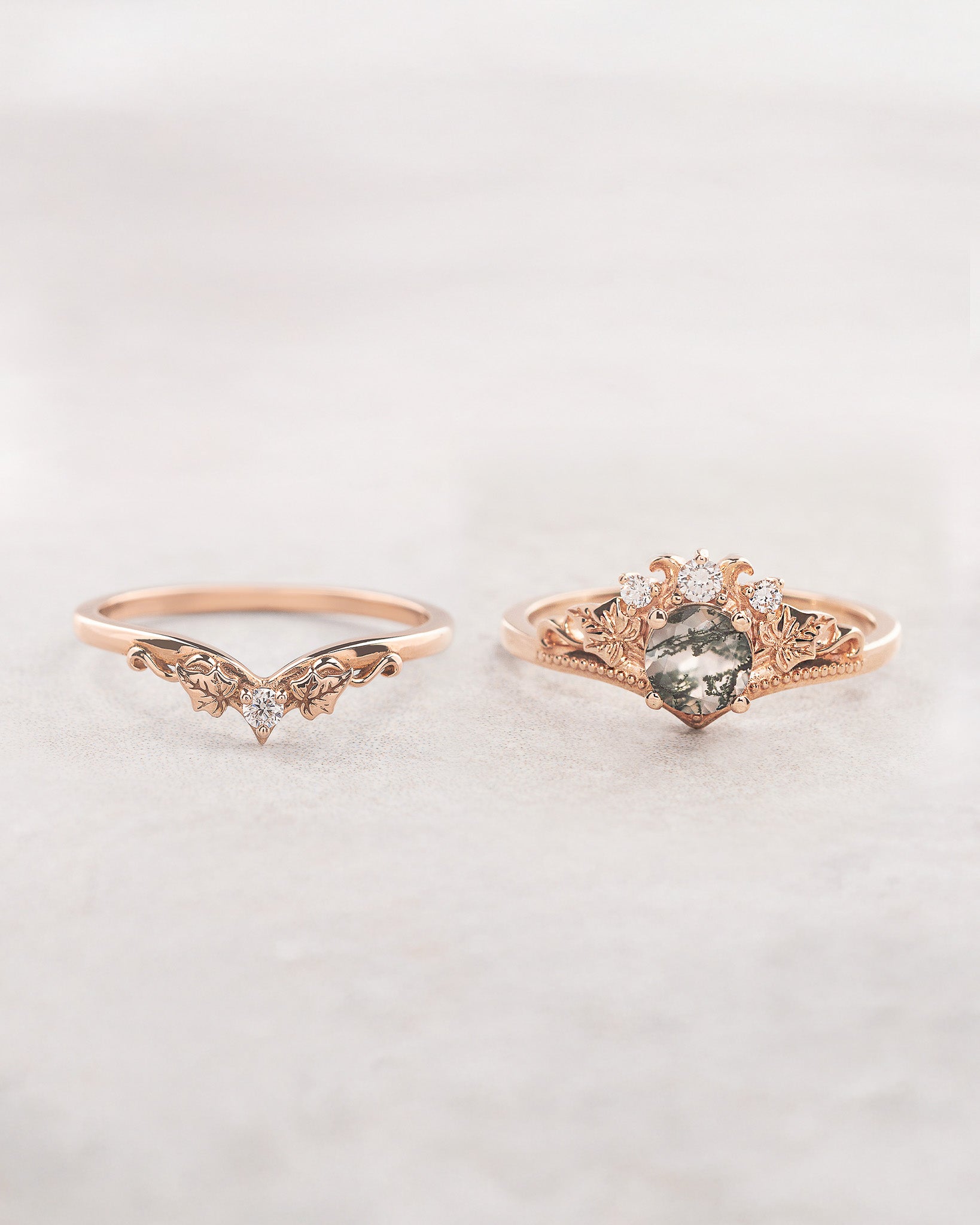 READY TO SHIP: Ariadne bridal ring set in 14K rose gold, round moss agate, accents lab grown diamonds, AVAILABLE RING SIZE: 8.5 - 11.5 US - Eden Garden Jewelry™